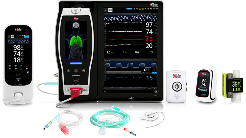 Masimo Portfolio - Rad-97, Root<sup>®</sup> with ISA™ CO<sub>2</sub>, MightySat™ Rx, EMMA™ Capnograph, NomoLine Sampling Lines, RAS-45 Sensor