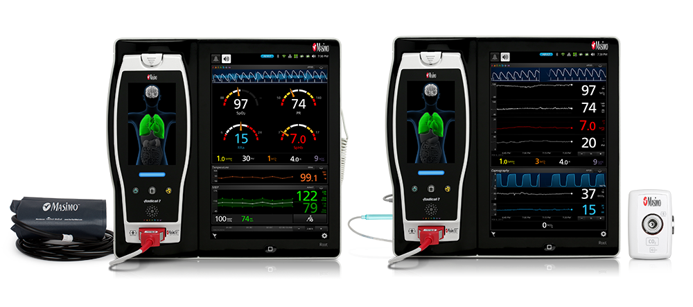 Display a Group Shot of Root with noninvasive blood pressure and temperature and Root with NomoLine capnography